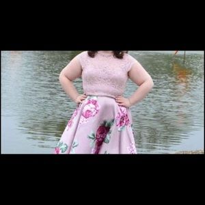 City studio 2 piece formal dress. Pink floral skirt with lace, sparkly top.